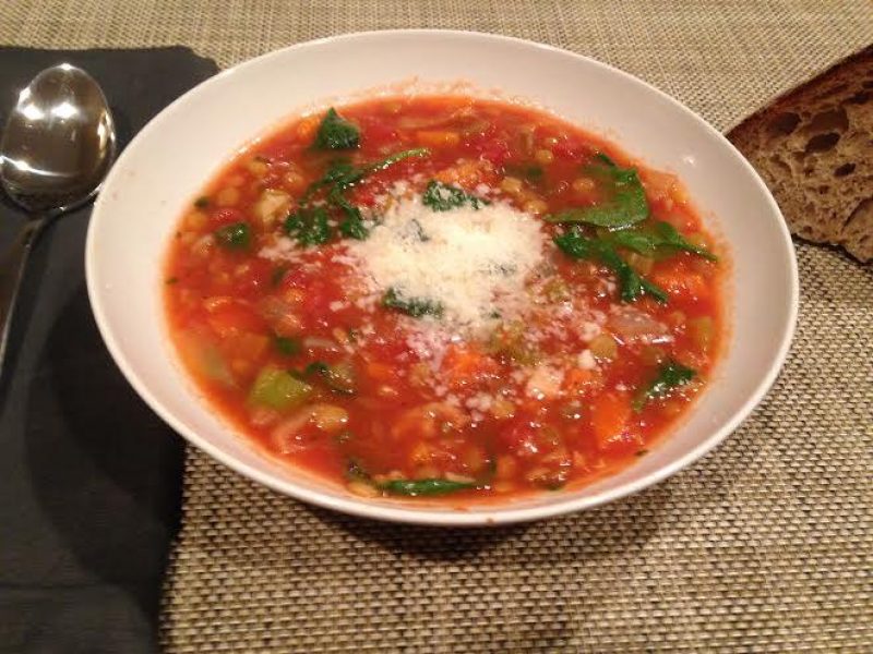 Hearty and delicious lentil soup with sausage and spinach